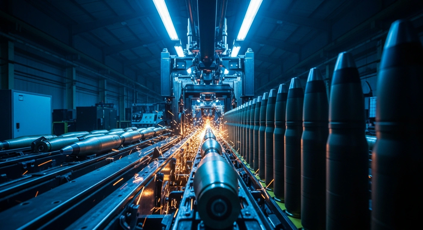 An automated assembly line in a defense factory accelerates the production of critical munitions for the U.S. Department of Defense.