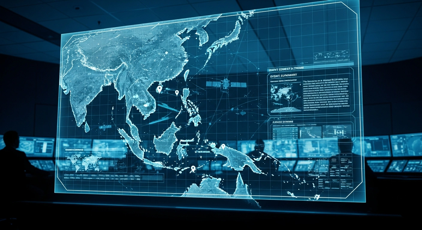 A dimly lit, high-tech command center features a large holographic map of the Indo-Pacific region, displaying digital representations of Chinese military assets like submarines and satellites under surveillance, reflecting the Pentagon's $12.6 billion investment to counter China's growing military presence and enhance U.S. military readiness.