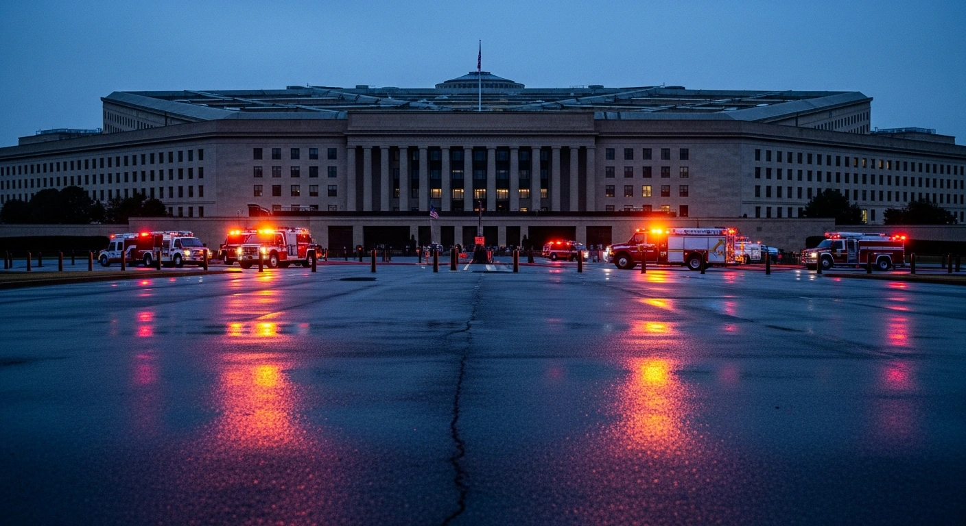The Pentagon building is illuminated at dusk as emergency vehicles respond to a security concern at the Department of Defense headquarters.