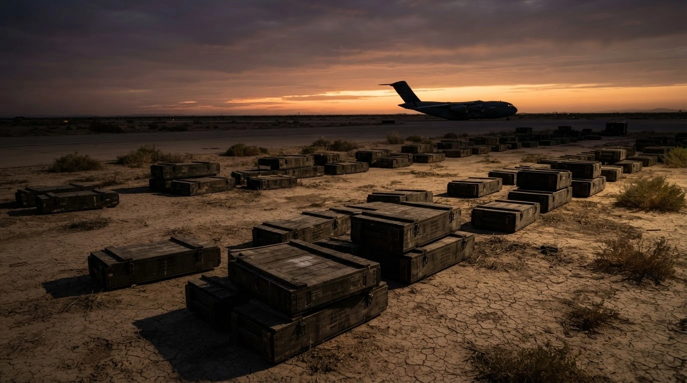 Empty munitions crates sit on a desert airfield at dusk, illustrating the logistical strain on U.S. military readiness and equipment supplies in the Middle East.