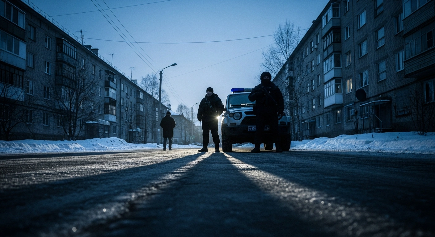 Security forces in tactical gear stand on a street in the Penza region during a reported military recruitment raid.