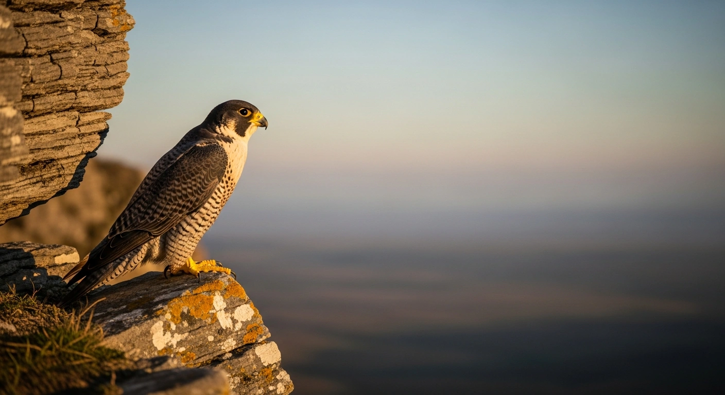 A majestic peregrine falcon with intense eyes is perched on a windswept cliff at golden hour, overlooking a vast, hazy landscape, representing the international scientific concerns about its CITES protection status and potential for increased illegal trade.
