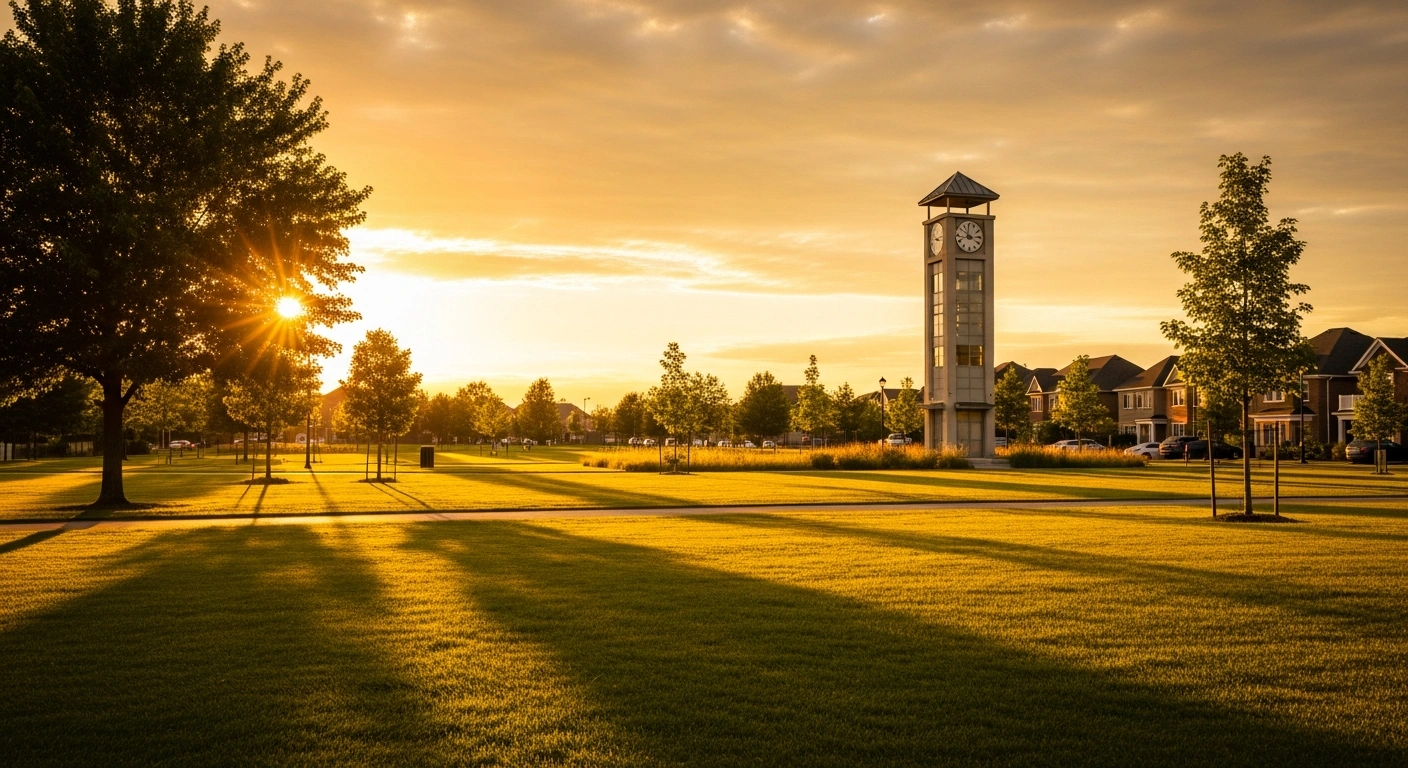 A golden sunset illuminates a public park and a clock tower to represent the permanent adoption of daylight saving time.