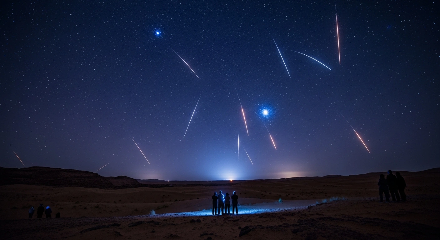 A group of observers watches the Perseid meteor shower as bright fireballs streak across the dark night sky above the Saudi Arabian desert.
