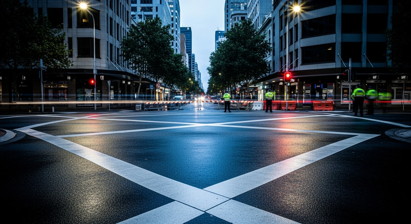 A view of a quiet city street in Perth, Australia, where authorities are preparing for a potential demonstration following a security alert.