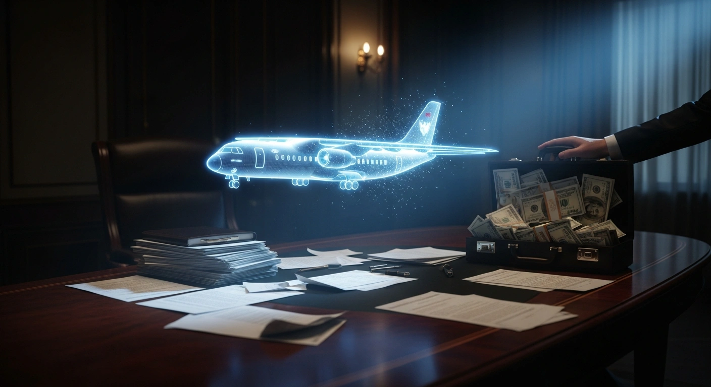 A dimly lit, opulent office scene depicting a holographic projection of an An-74 aircraft subtly dissolving, surrounded by stacks of forged documents and a hand reaching for a briefcase full of cash, representing the invalidated $63 million tender for a non-existent plane exposed by Ukrainian authorities.