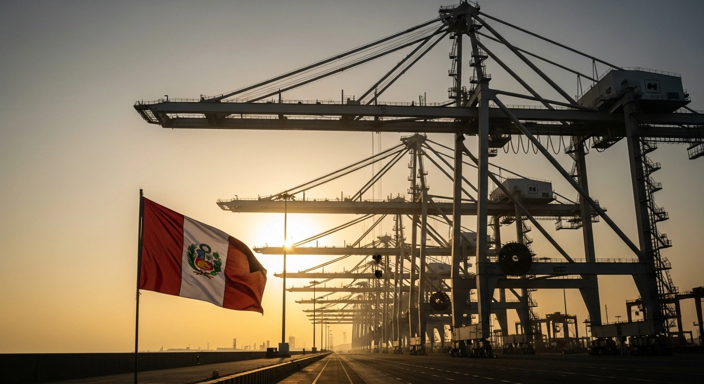 A low-angle shot at dawn shows a small Peruvian flag in the foreground, dwarfed by the immense, modern infrastructure of the Chinese-majority-owned Chancay megaport, symbolizing the United States' warning to Peru about potential loss of sovereignty due to China's increasing control over critical infrastructure.