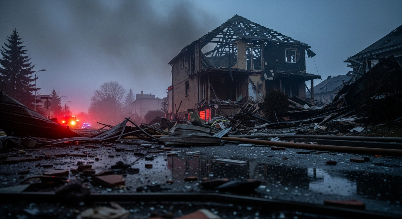 A wide, low-angle shot depicts the charred and collapsed remains of a house in Pesquería, Nuevo León, Mexico, after an explosion of illegally stored pyrotechnics, with debris scattered on the street and emergency vehicle lights reflecting in the distance.