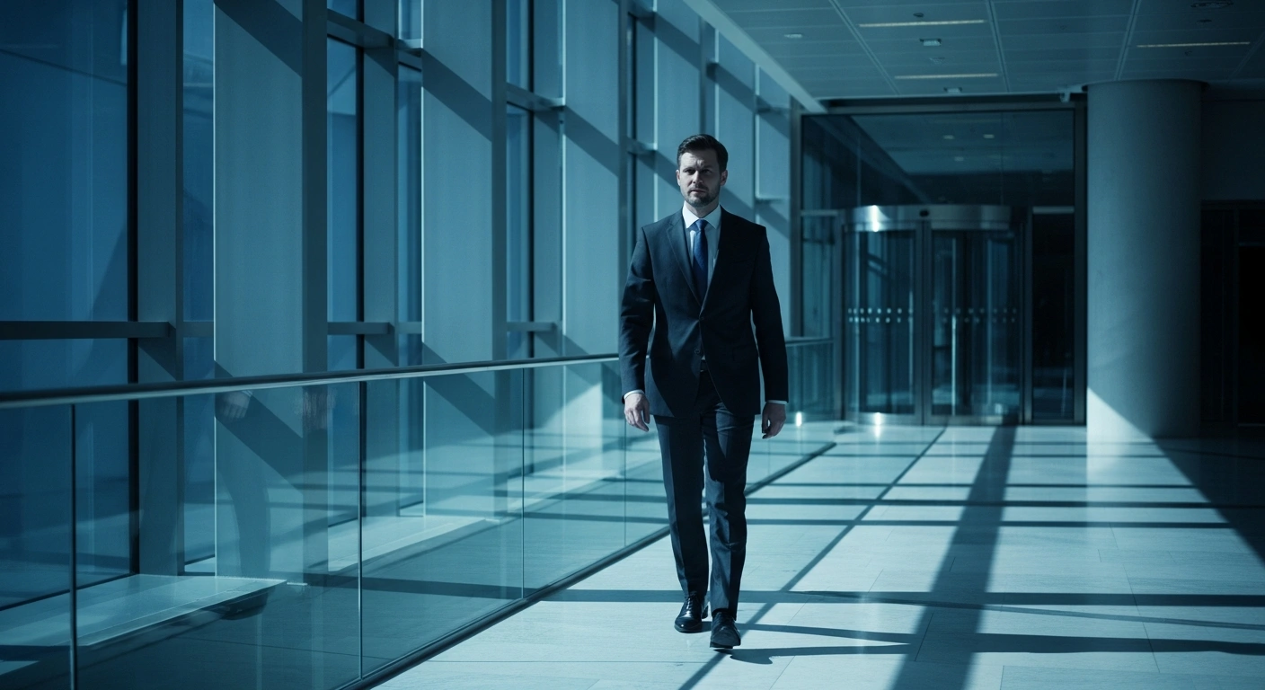 Hungarian opposition leader Péter Magyar walks through a modern government building in Brussels during his meetings with EU and NATO officials.