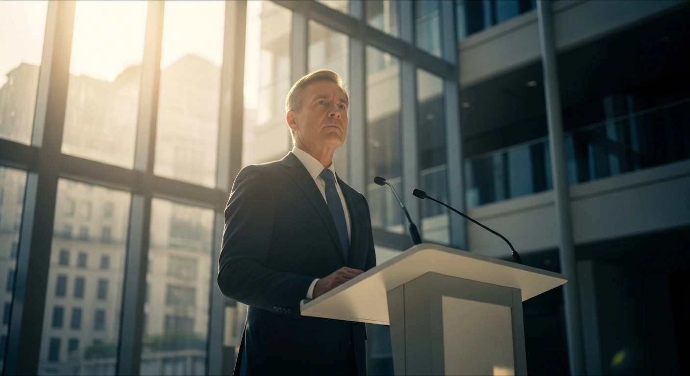 Hungarian opposition leader Péter Magyar stands at a podium to present his policy platform for government reform and anti-corruption measures.