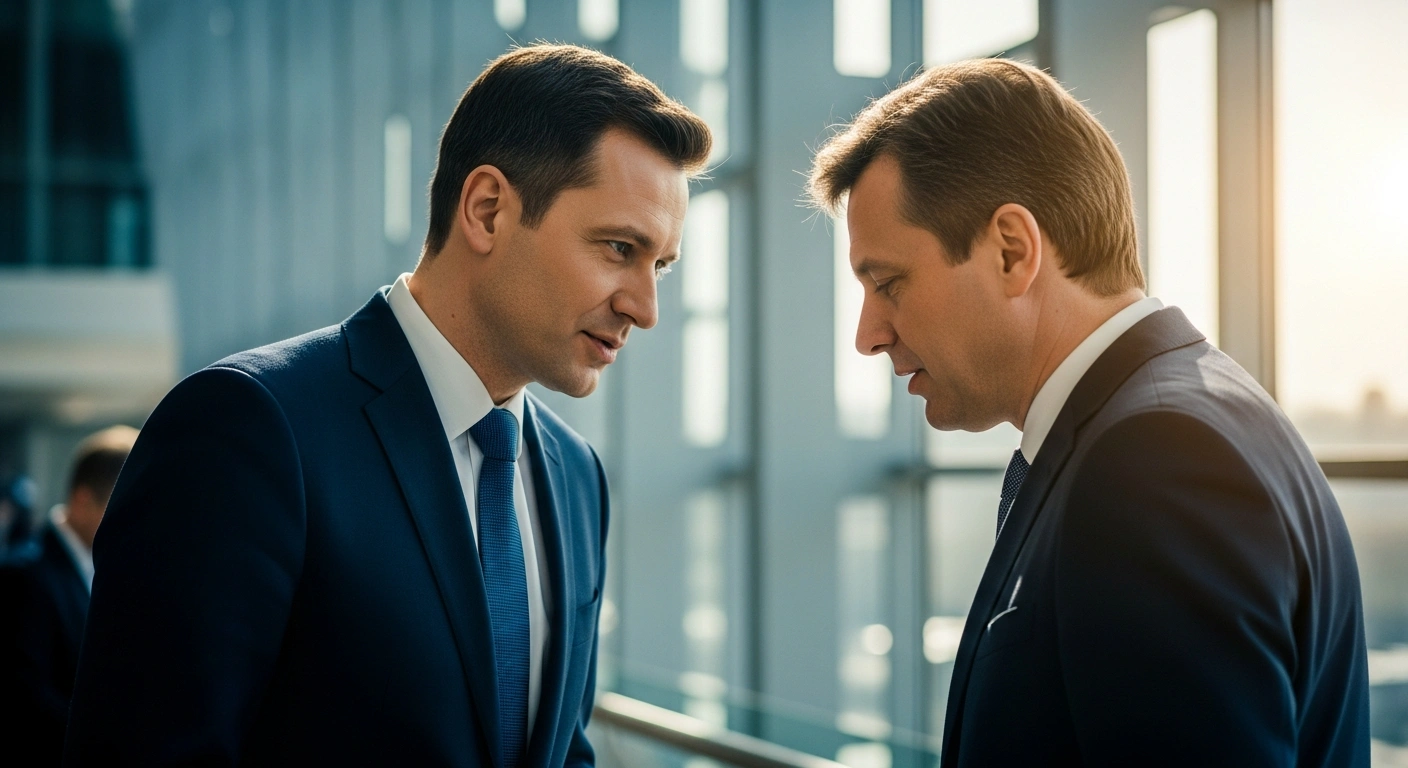Péter Magyar, leader of the Tisza Party, engages in diplomatic discussions with a European official during his visit to Poland to strengthen political ties.