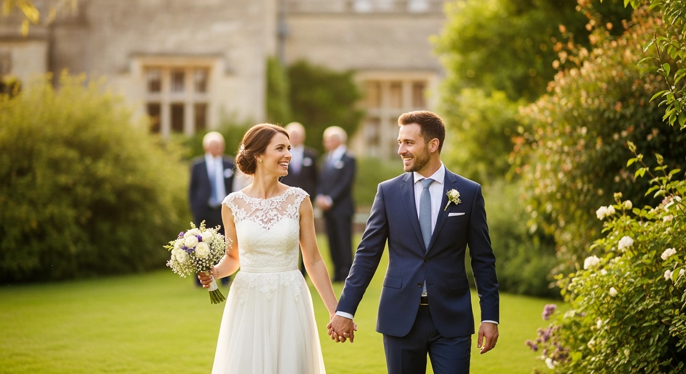 Peter Phillips and Harriet Sperling walk together after their private wedding ceremony in Gloucestershire attended by members of the British royal family.