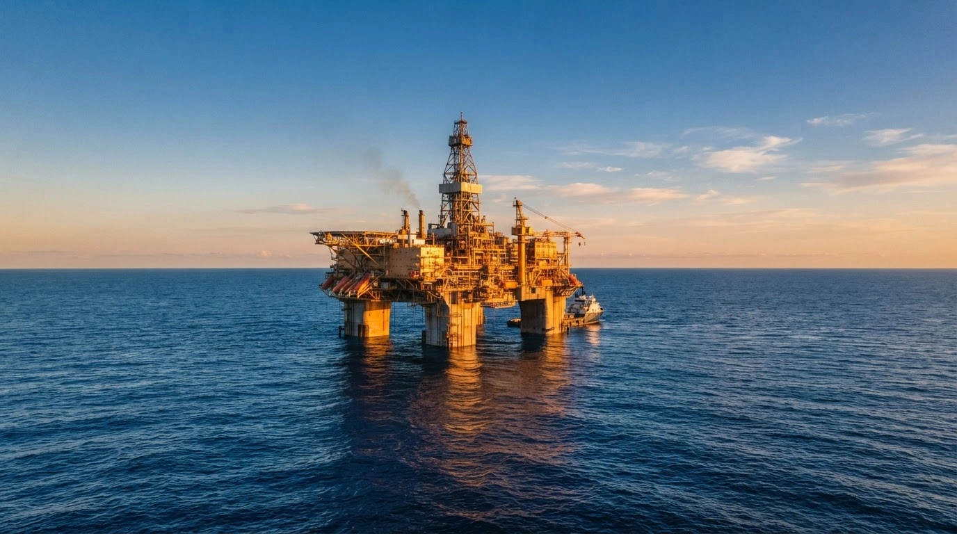 A large Petrobras offshore oil rig stands in the deep waters of the Equatorial Margin as part of a future oil extraction project.