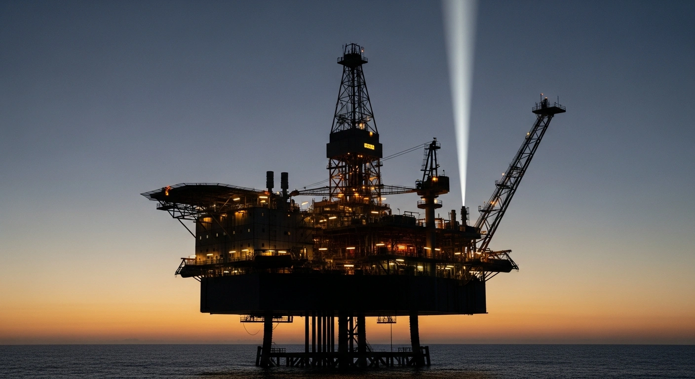 An imposing offshore oil platform at dusk with subdued lighting, symbolizing Petrobras's reduced investment plan and focus on safeguarding cash flow due to lower international oil prices.