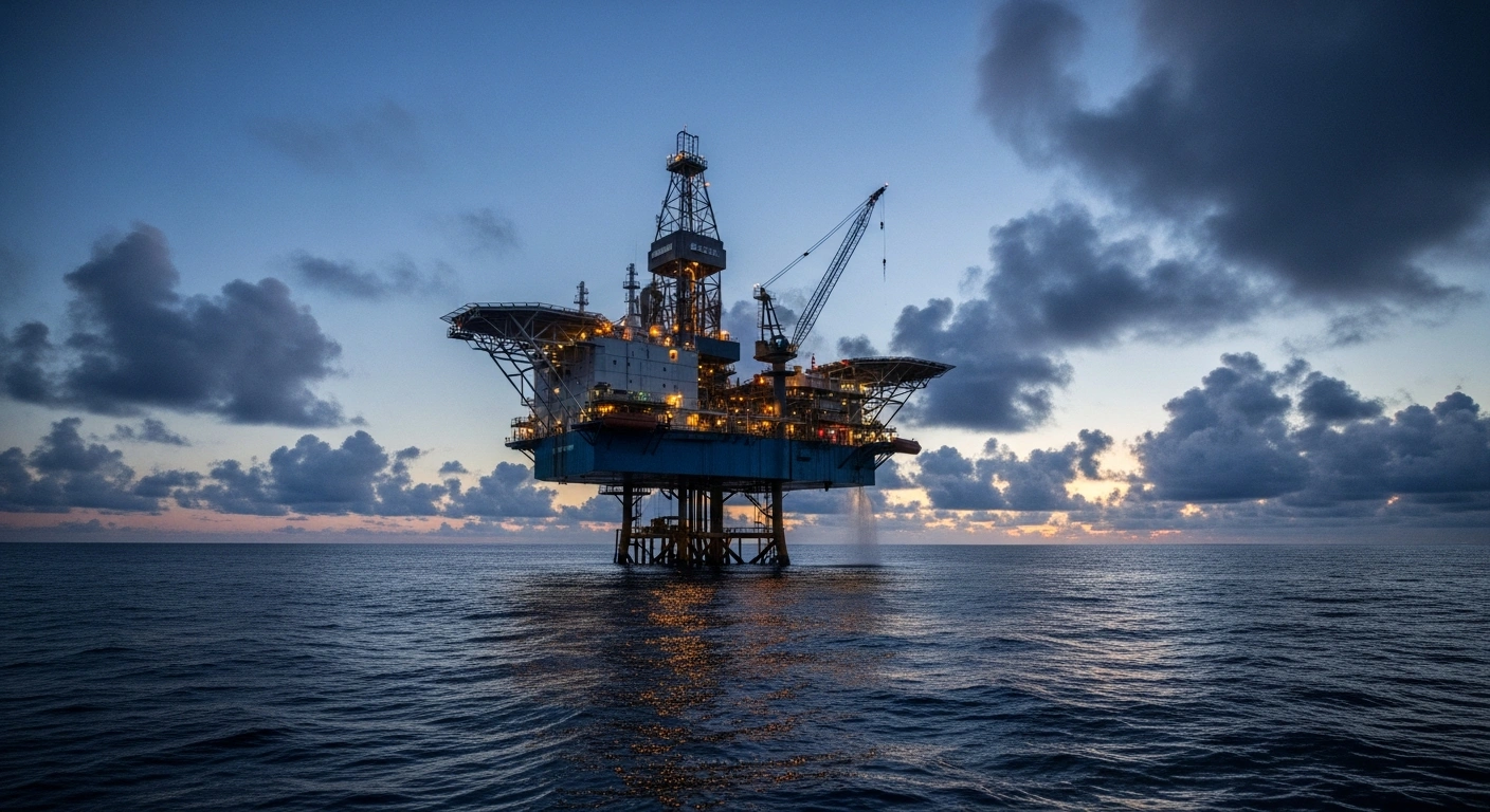 A large offshore oil drilling rig, operated by Petrobras, is depicted at dawn over the Foz do Amazonas Basin, symbolizing the suspension of drilling operations at the Morpho well following a synthetic drilling fluid leak.