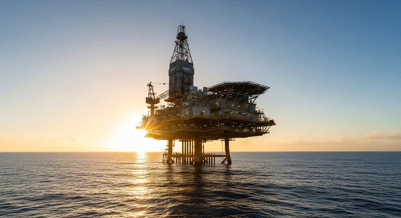 A wide shot at dawn shows a colossal, state-of-the-art pre-salt oil platform in the Atlantic Ocean, with golden sunlight reflecting off its steel structure, symbolizing Petrobras's record oil production in Brazil.
