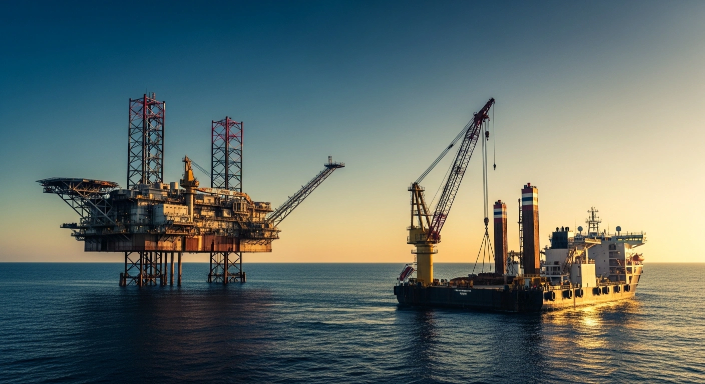 A large offshore oil platform and a heavy-lift vessel are positioned in the ocean as part of a collaborative decommissioning project between Petrobras and Saipem.