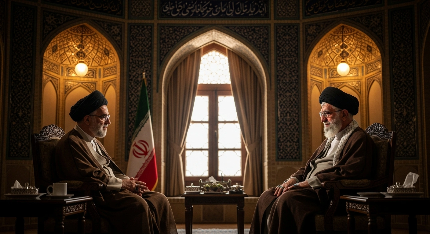 Iranian President Masoud Pezeshkian meets with Supreme Leader Ayatollah Ali Khamenei to discuss state affairs in a formal office setting.