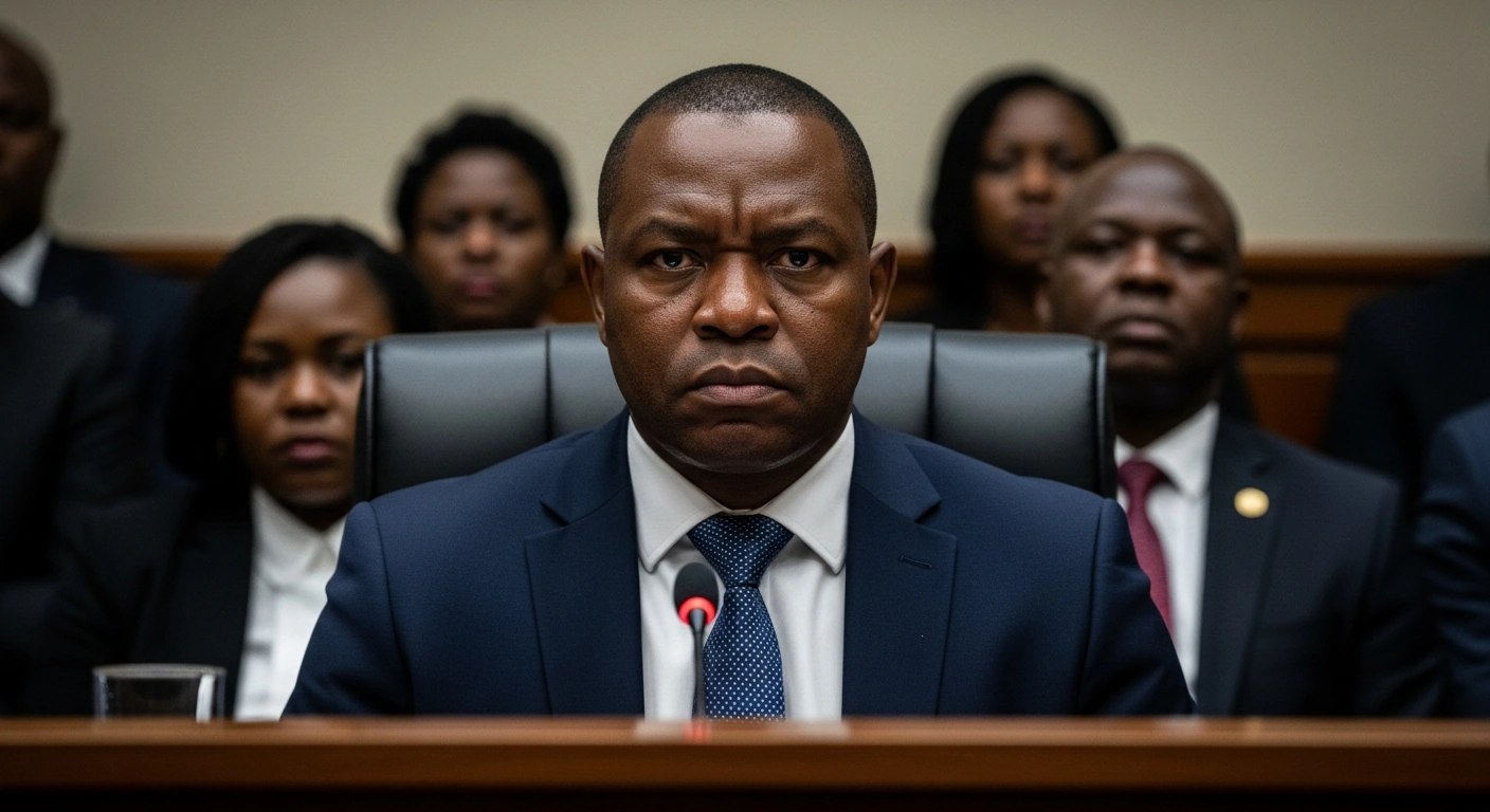 A medium close-up shot shows former Acting National Police Commissioner Khomotso Phahlane seated at a witness table during a South African parliamentary ad hoc committee hearing, addressing allegations of corruption and political interference.