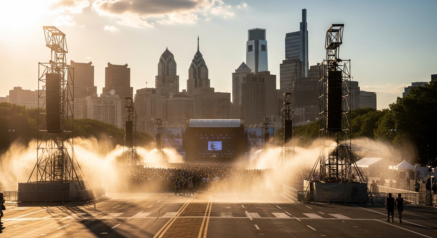 Philadelphia city officials prepare the Benjamin Franklin Parkway for the Independence Day Unity Concert while implementing heat safety measures for the upcoming 250th anniversary.