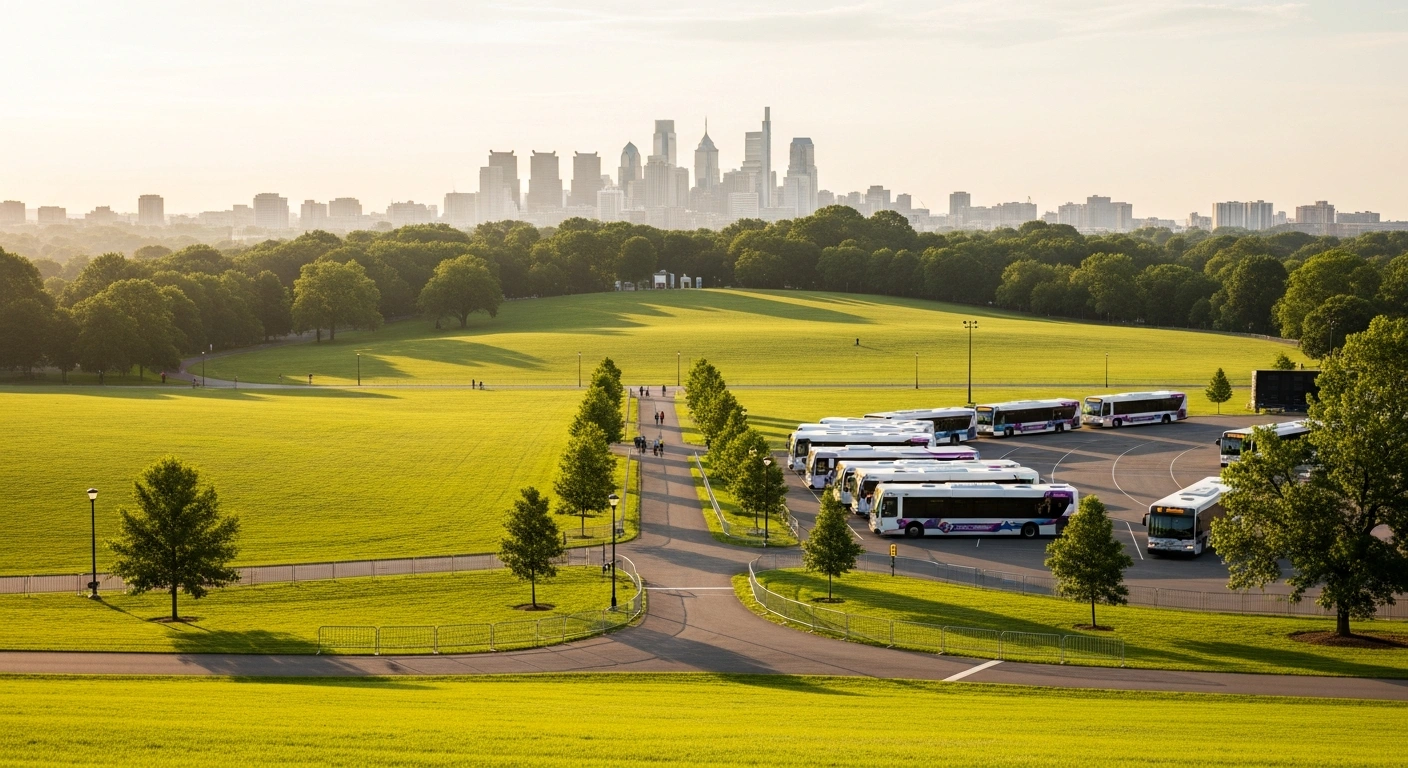 A wide view of Belmont Plateau in Fairmount Park shows the organized transportation and security setup for the 2026 Roots Picnic in Philadelphia.
