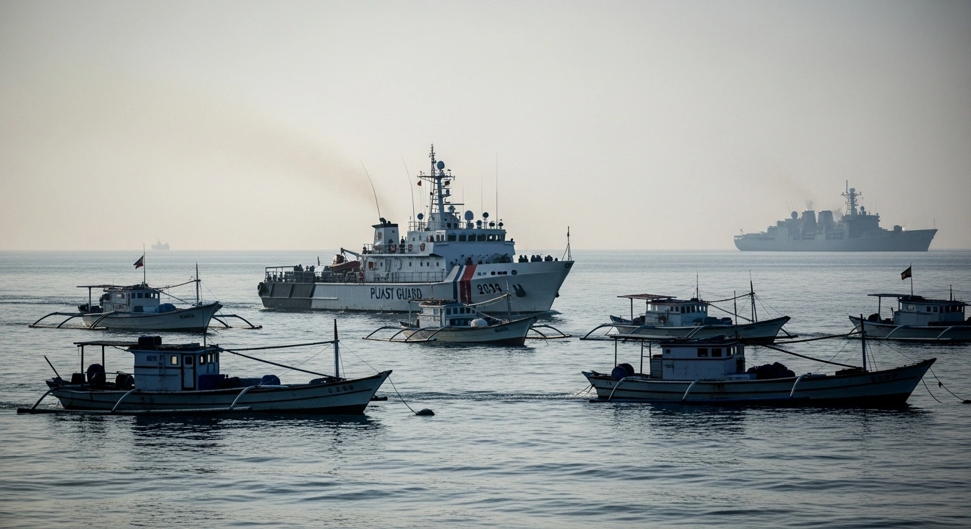 A Philippine Coast Guard vessel conducts a resupply mission for Filipino fishing boats near Scarborough and Sabina Shoals, with a Chinese naval vessel visible in the background, illustrating intimidation tactics during the operation.