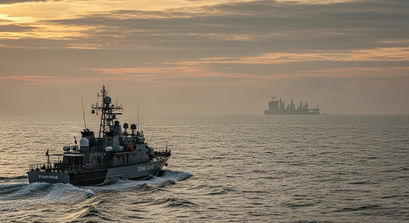 A Philippine Coast Guard patrol vessel navigates choppy waters at dusk in the South China Sea, with the distant, hazy outline of a partially constructed artificial island, indicative of suspected Chinese island-building activities near Bajo de Masinloc (Scarborough Shoal), visible on the horizon.