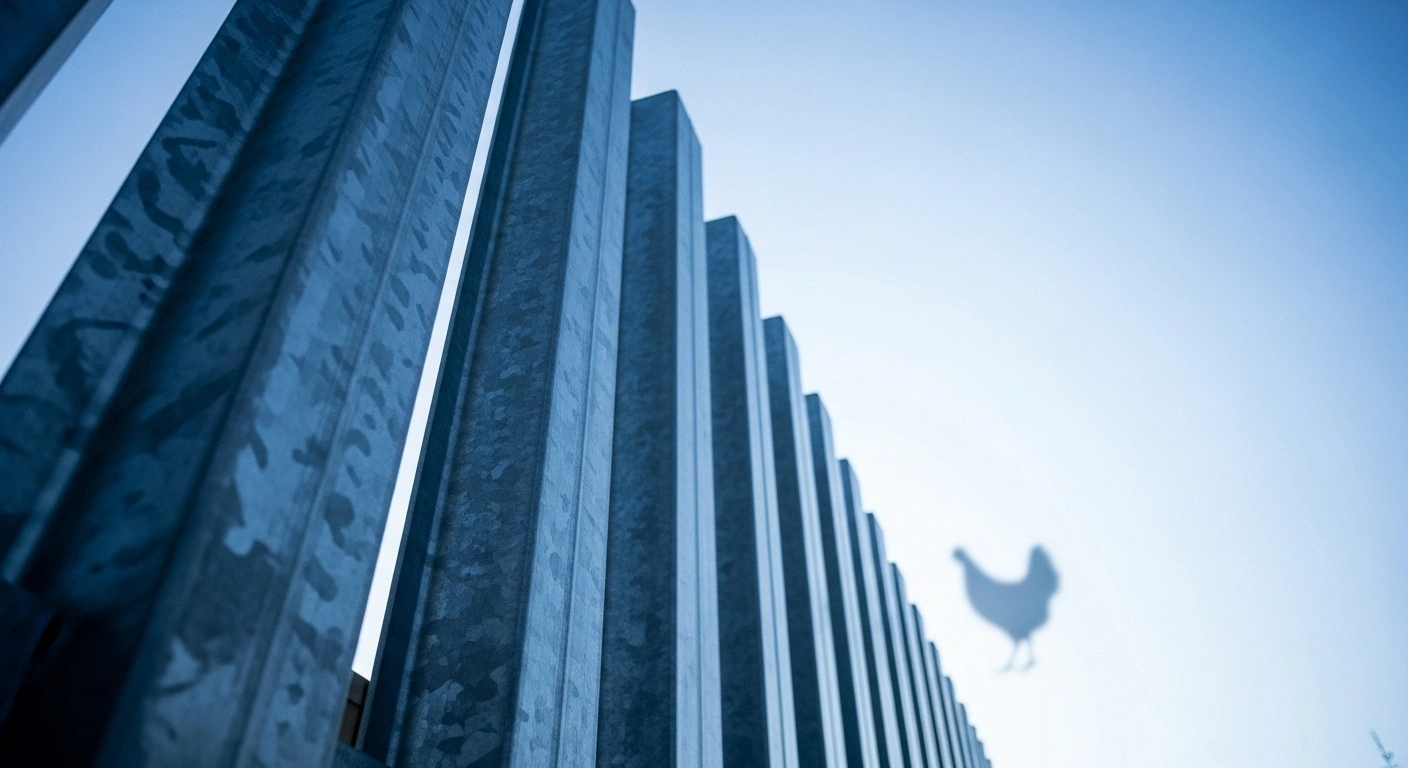 A metallic barrier stands tall under cold, blue-white lighting, symbolizing the Philippines' temporary suspension of bird and poultry imports from Argentina due to the highly pathogenic H5N1 avian influenza outbreak, with a blurred silhouette of a bird in the background.