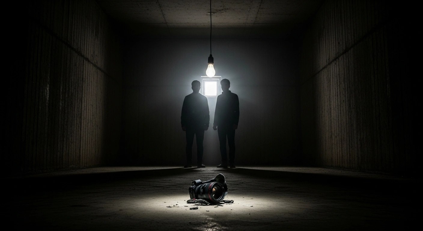 Two silhouetted figures, representing photojournalists Artin Ghazanfari and Hamed Araghi, are depicted in a dimly lit, stark concrete room with a broken camera lens on the floor, illustrating their detention by Iranian authorities during a nationwide internet shutdown and information blackout, as called out by the Committee to Protect Journalists (CPJ).