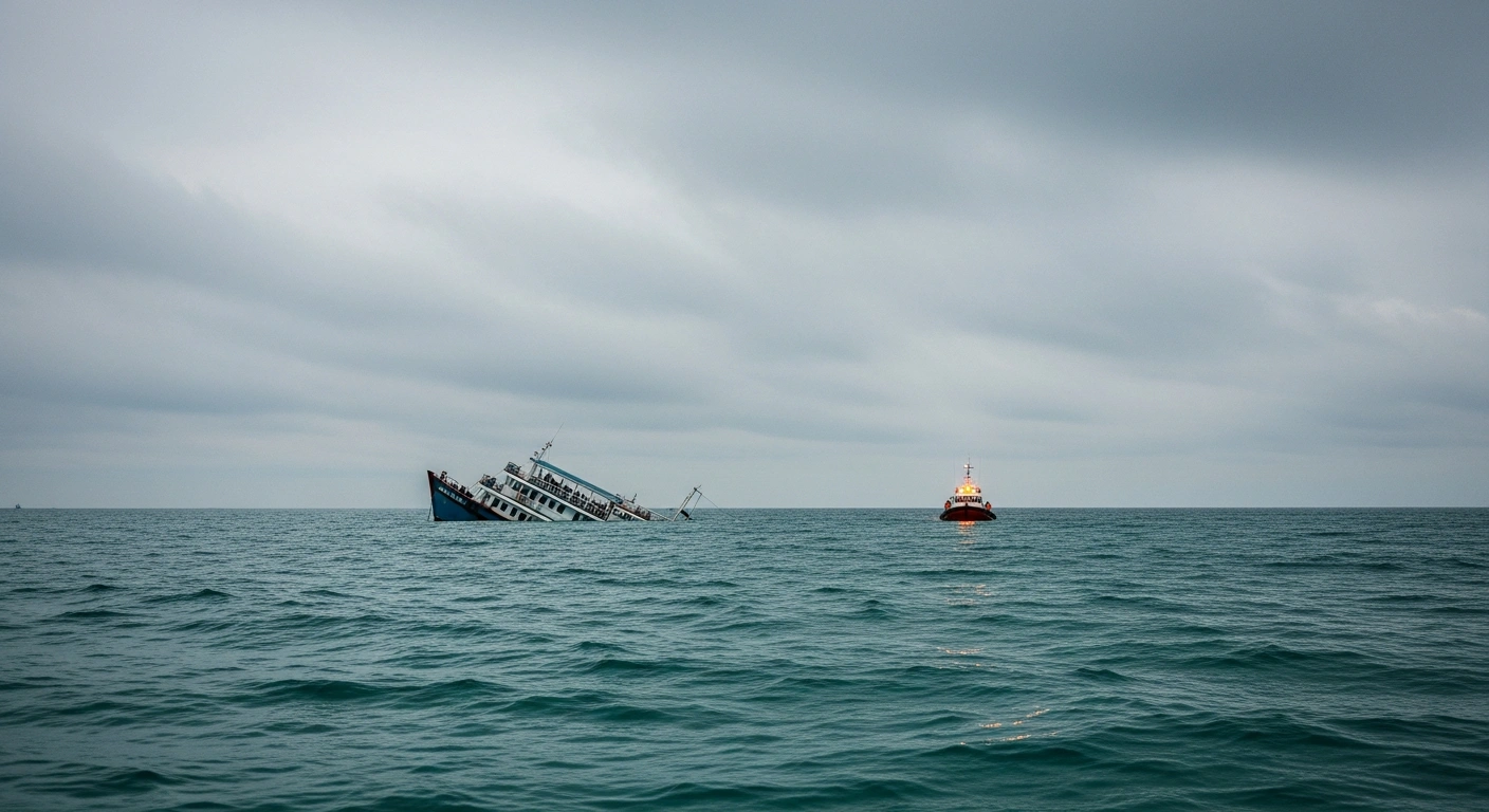 A partially submerged tourist boat sits in the water near Phu Quoc, Vietnam, as rescue teams coordinate recovery efforts following a tragic maritime accident involving Indian tourists.