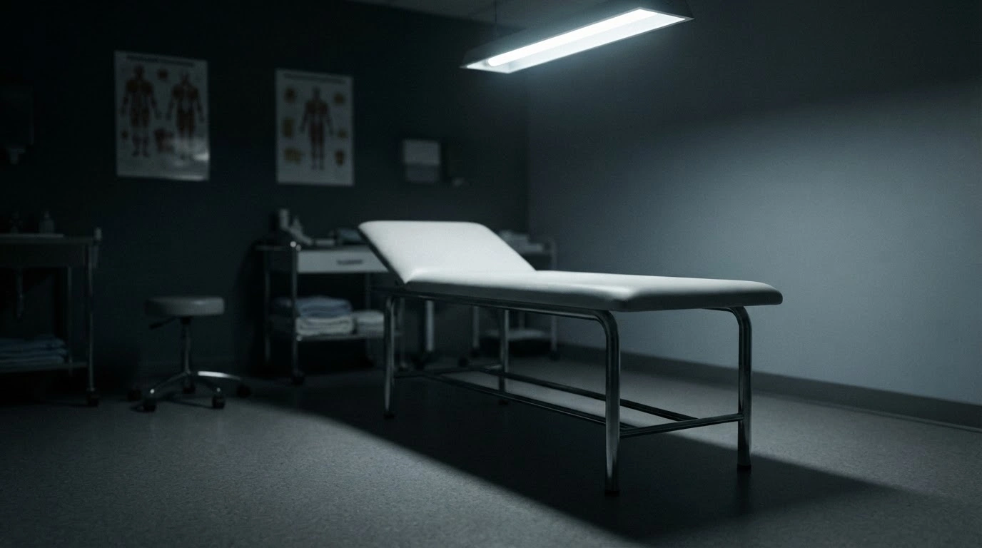 An empty examination table in a sterile physiotherapy clinic represents the professional misconduct investigation of a Hamilton-based practitioner.