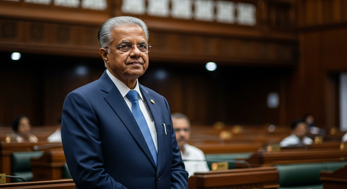 Pinarayi Vijayan stands in the Kerala Legislative Assembly as the serving Chief Minister of Kerala in May 2026.