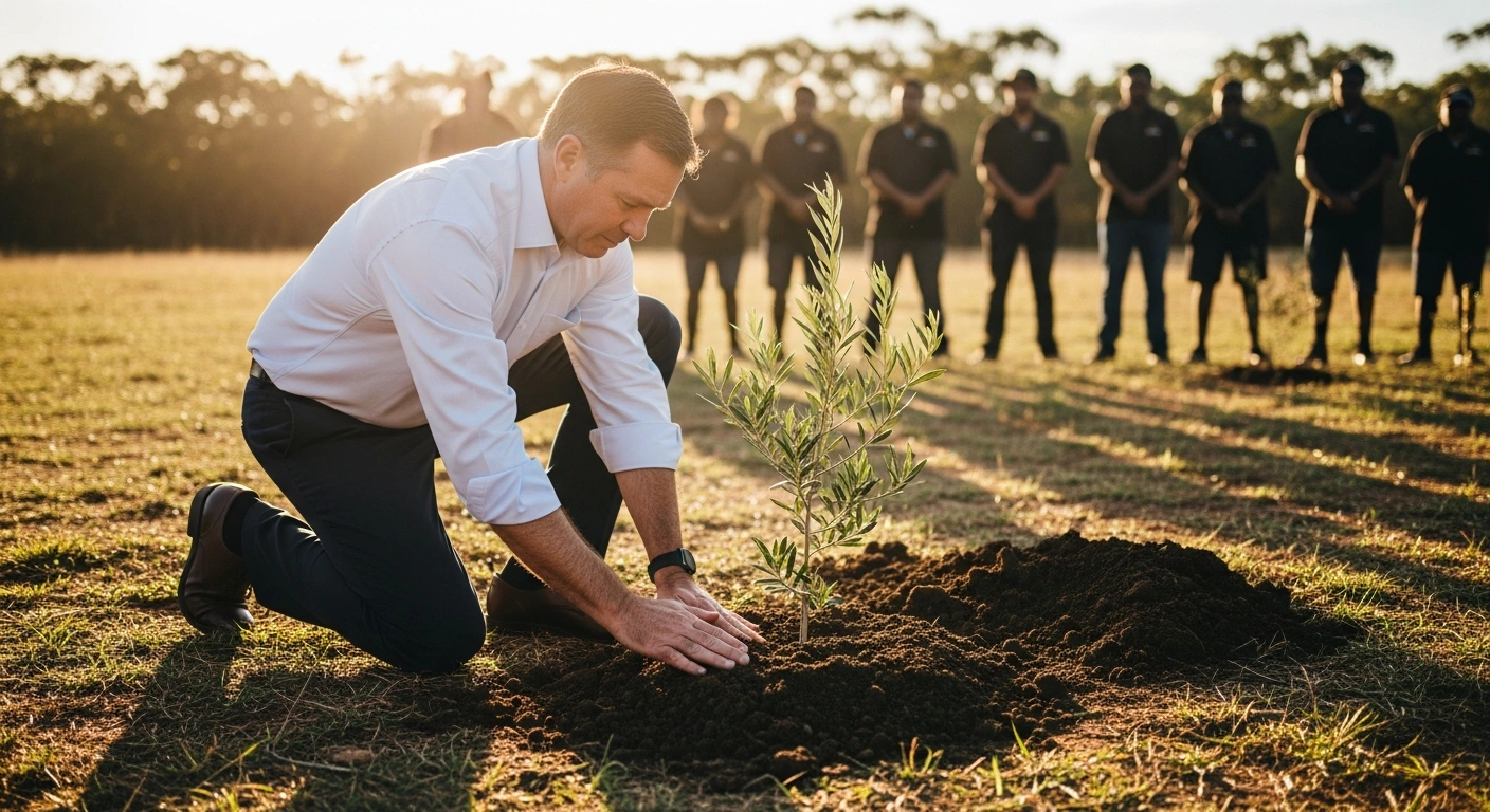 Western Australia Governor Chris Dawson plants an olive tree in Pinjarra as a symbolic gesture of reconciliation with the Bindjareb people.