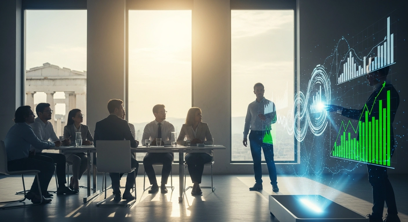 A sunlit, modern conference room in Athens, Greece, where financial executives are gathered for a Capital Markets Day, featuring a presenter gesturing towards a holographic display showing digital transformation data and green financing initiatives, symbolizing strategic growth and enhanced shareholder value.