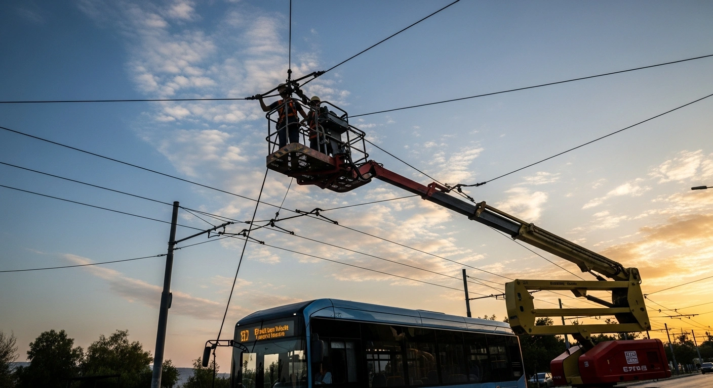 Workers in Piraeus, Greece, are seen from a low angle dismantling overhead trolleybus power cables against a dramatic sky, with a modern electric bus visible nearby, signifying the modernization of public transport after 70 years of service.