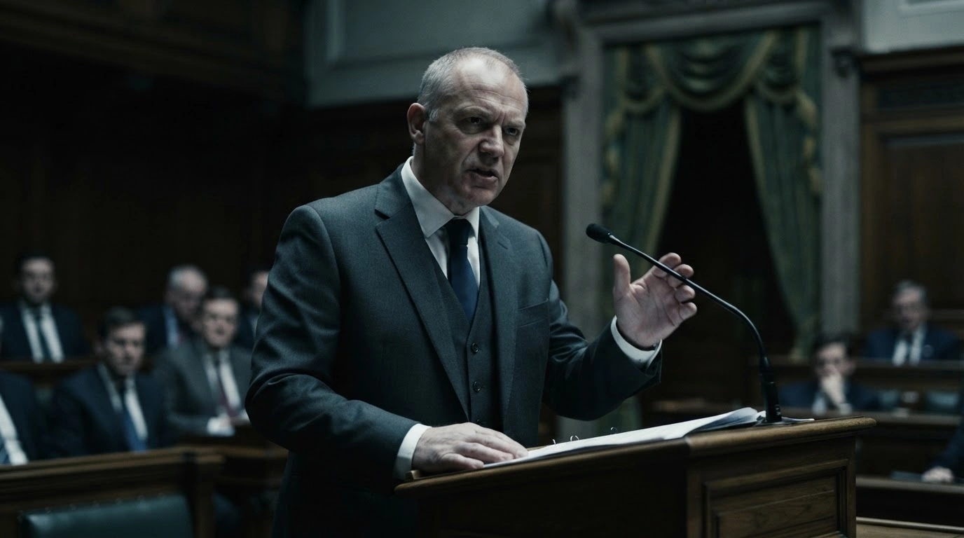 German Defense Minister Boris Pistorius stands at a podium in the Bundestag delivering a sharp critique during a heated debate on national security.