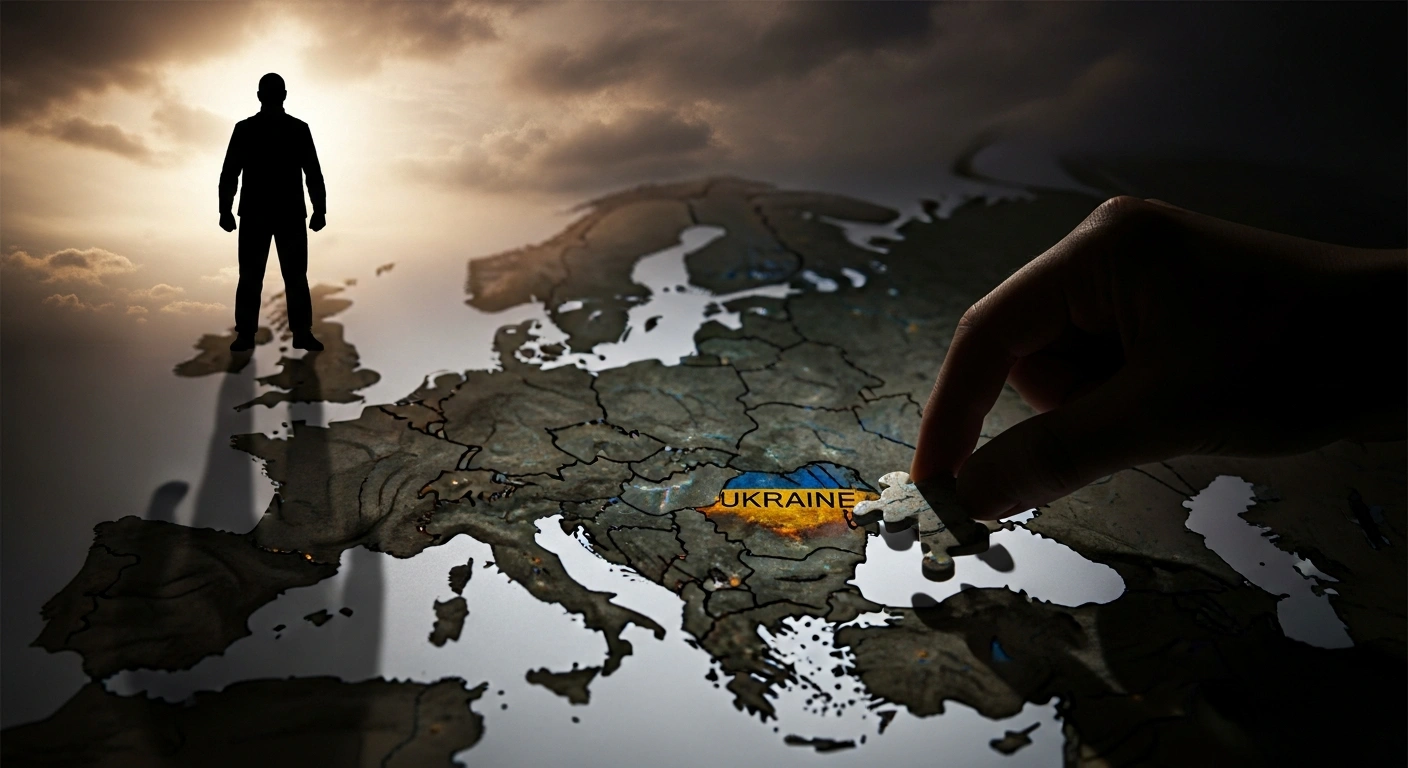 A dramatic, low-angle photograph depicts a resolute silhouette against a stormy sky, casting long shadows over a dimly lit map of Eastern Europe, where a spectral hand appears to be removing a piece, symbolizing the criticism of past 'wrong signals' and 'tactical mistakes' concerning Ukraine's NATO membership.