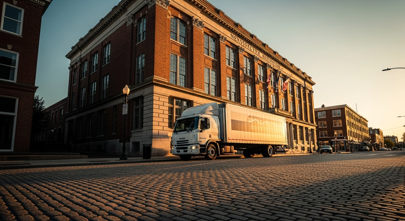 The historic Pittsburgh Post-Gazette building stands in the morning light as a delivery truck drives away, representing the newspaper's successful acquisition and continued operation.