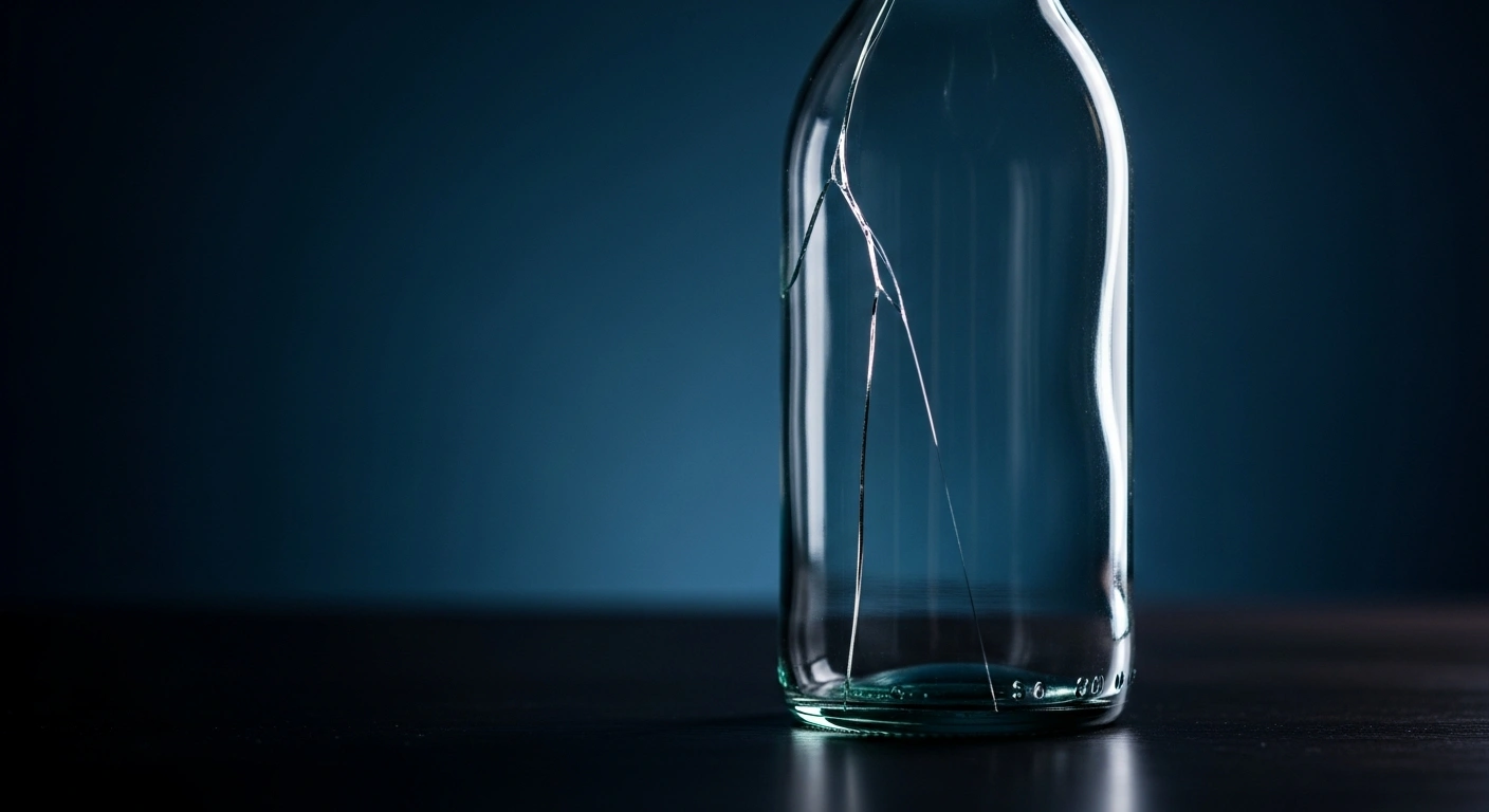 A close-up view of a glass bottle showing a potential fracture, representing the safety recall of Pizzolato alcohol-free spritz by the Luxembourg Veterinary and Food Administration.