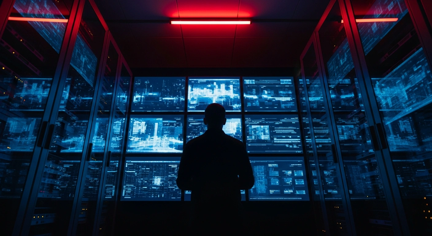 A security official monitors digital screens in a dark room to identify and penalize accounts spreading AI-generated military disinformation.