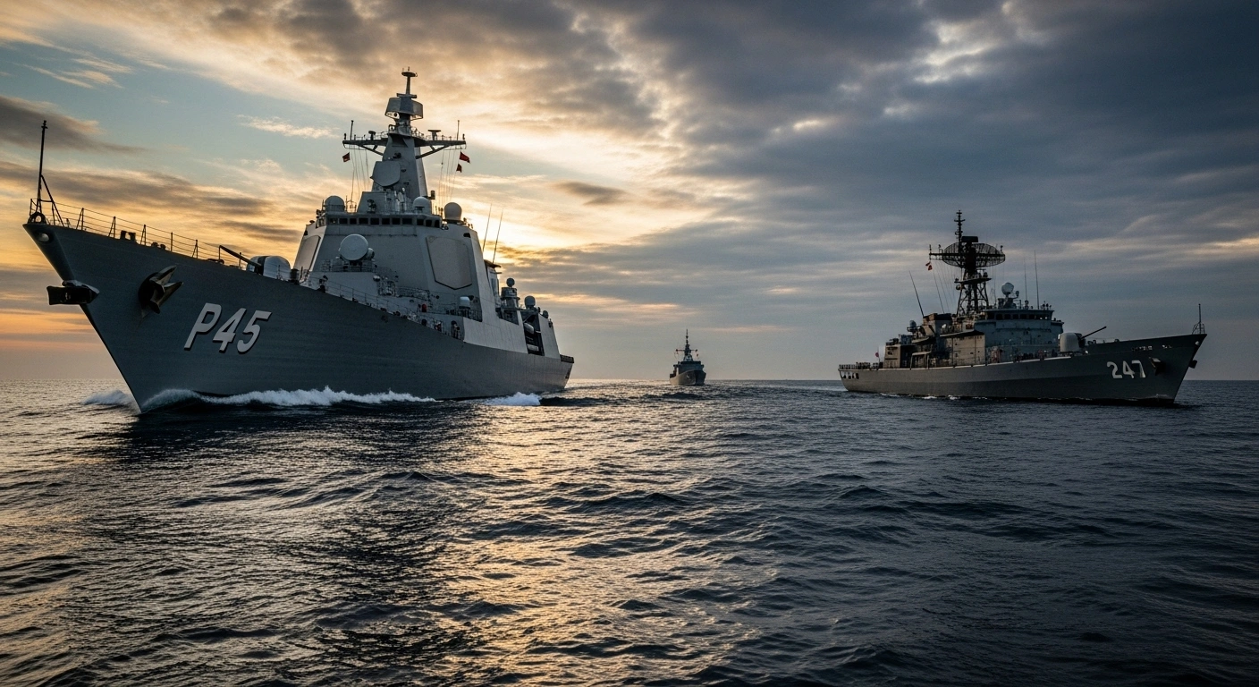 A large, grey People's Liberation Army Navy destroyer sails through turbulent waters at twilight, under dramatic clouds, while a smaller Japan Maritime Self-Defense Force vessel with a rotating radar dish observes from a distance.