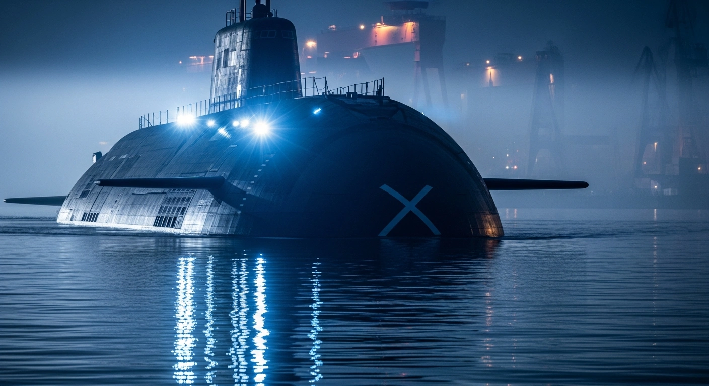 A large, dark Type 09V nuclear submarine, featuring X-shaped rudders and pump-jet propulsion, is shown in the water at China's Bohai Shipyard, poised for its launch and equipped with a Vertical Launch System.