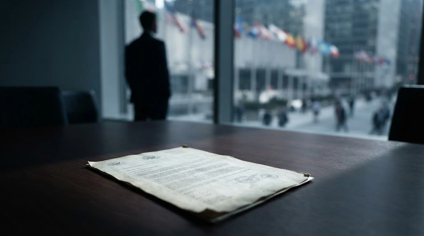 A leaked government document regarding plastic pollution treaty negotiations sits on a conference table during an international summit.