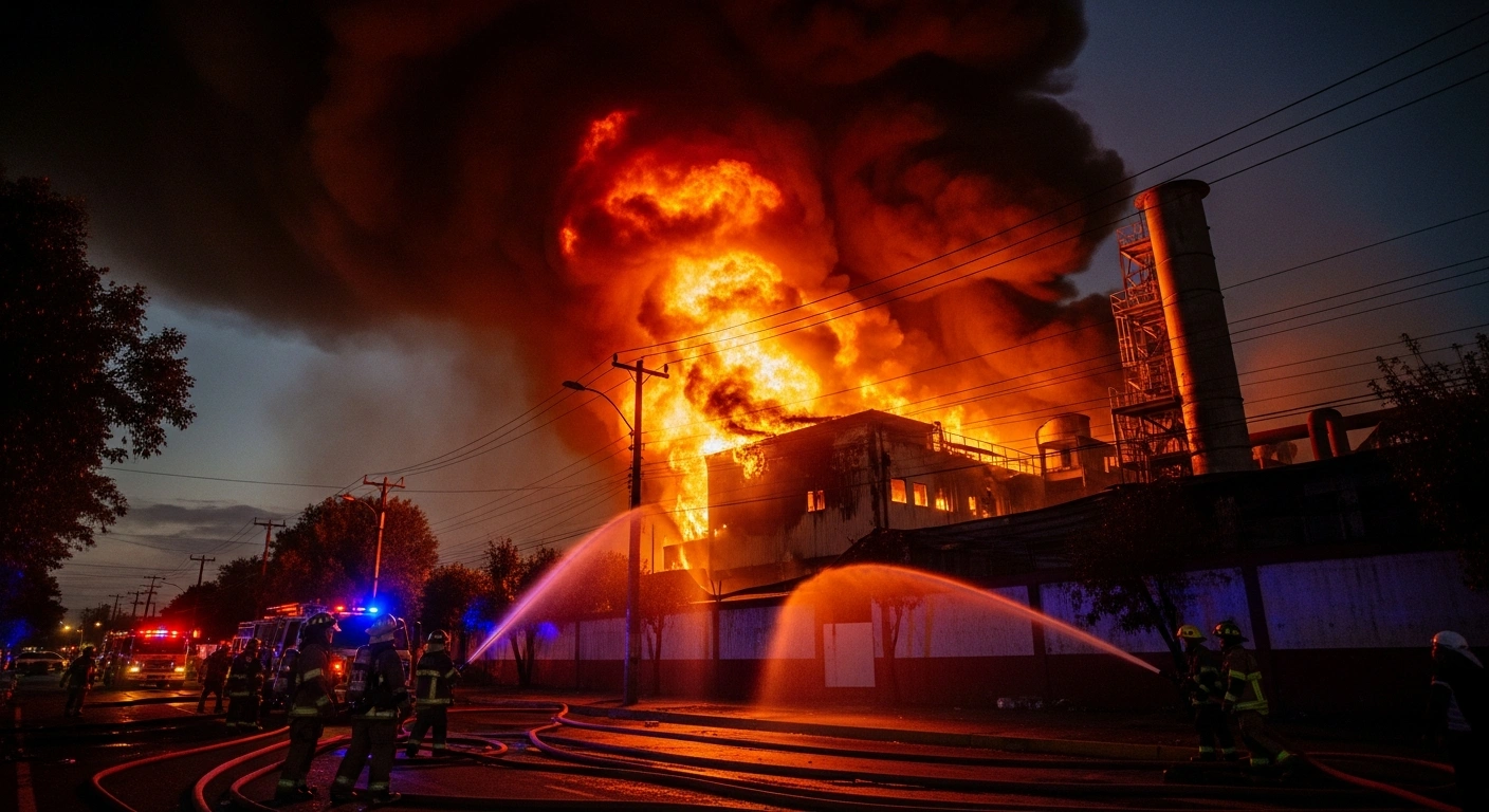 A large plastics factory in Xochimilco, Mexico City, is engulfed in a massive fire at night, with firefighters and emergency services actively battling the blaze and thick black smoke billowing into the sky.