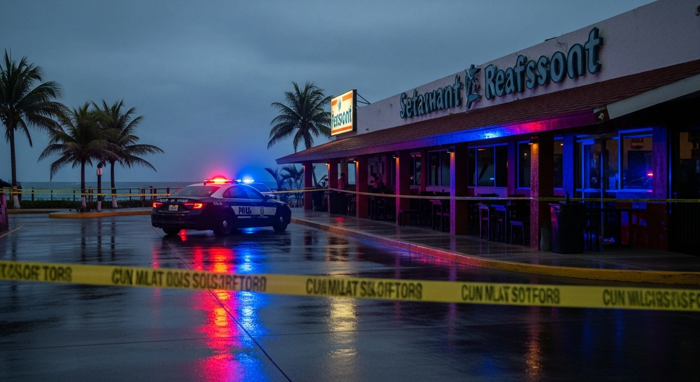 Police investigate the scene of an armed attack at a seafood restaurant in Playa del Carmen, Mexico, marked by emergency vehicle lights and crime scene tape.