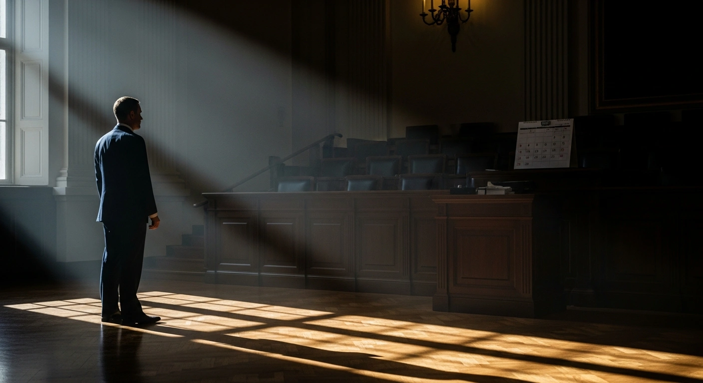 A lone, sharply dressed figure stands silhouetted in a dimly lit, grand chamber, looking towards a distant calendar, symbolizing the Partido de la Liberación Dominicana (PLD) considering an early presidential candidate selection for the 2028 elections, following a 2025 annulment by the Superior Electoral Tribunal (TSE).
