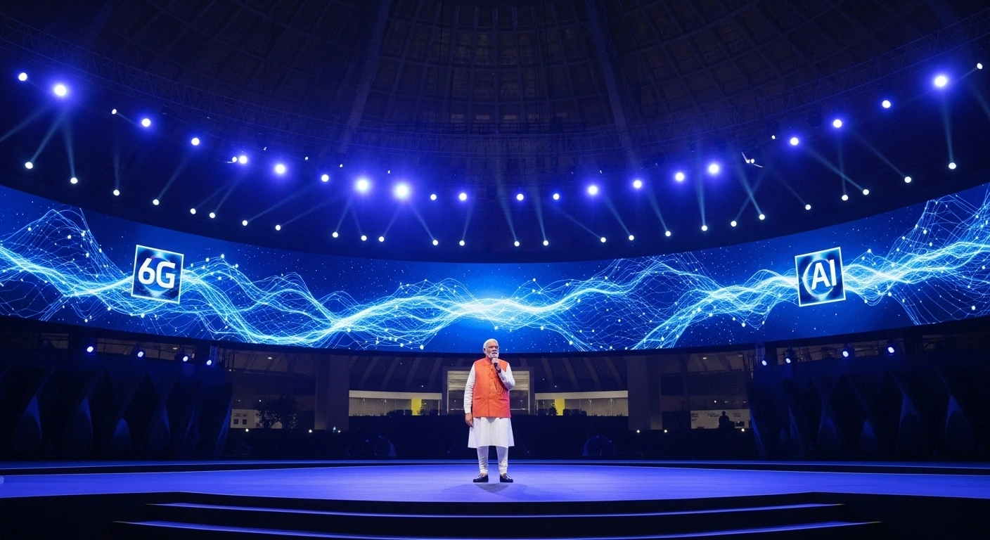 Prime Minister Narendra Modi inaugurates the 9th India Mobile Congress (IMC) 2025 at Yashobhoomi, New Delhi, standing on a futuristic stage bathed in blue and purple light, symbolizing the event's focus on 6G, AI, cybersecurity, and indigenous innovation.