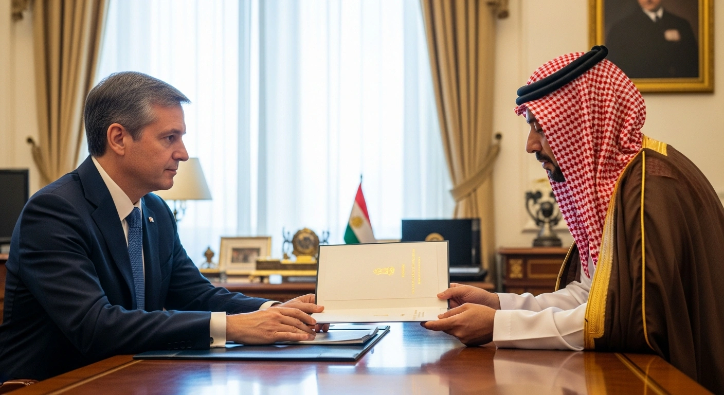 A delegation member, representing Bangladesh Jamaat-e-Islami, respectfully presents an invitation folder to Prime Minister Tarique Rahman, who is seated at a polished desk in his stately Secretariat office, during a formal meeting.