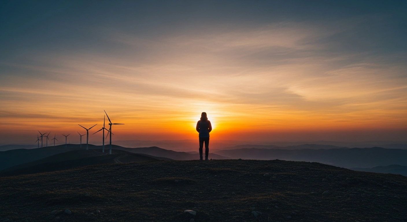 A lone, silhouetted executive stands on a desolate ridge at sunset, gazing towards a distant wind farm, symbolizing PNE AG's unexpected loss of the Hon Trau wind power project in Vietnam to VinEnergo.