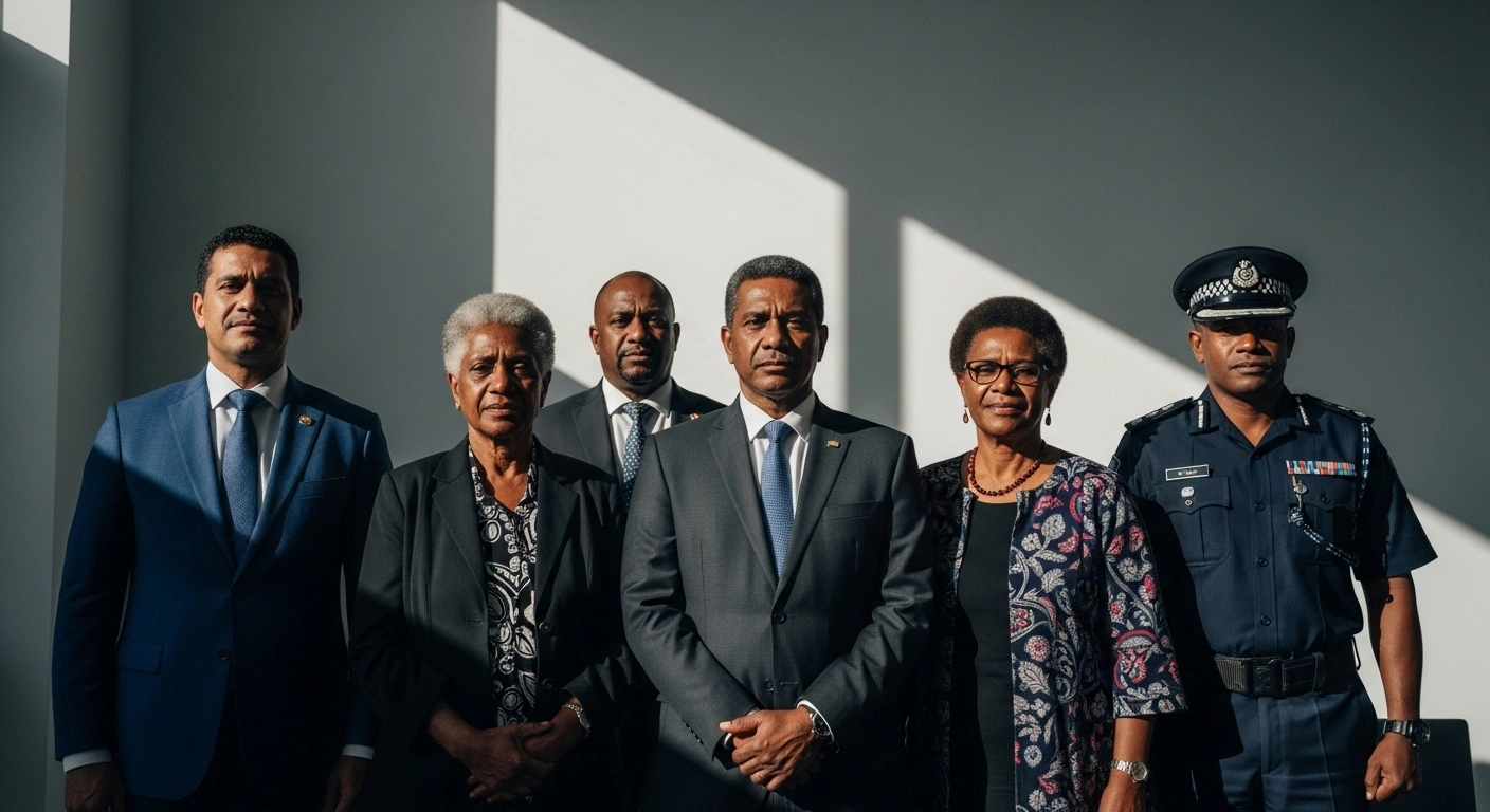 A diverse group of individuals, representing various sectors, stands united and determined in a modern conference hall, symbolizing Papua New Guinea's 'whole of society' approach to combating financial crime during its first Anti-Money Laundering, Counter-Terrorism Financing, and Counter-Proliferation Financing conference in Port Moresby.